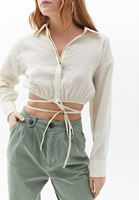 Bayan Krem Beli Bağlamalı Crop Gömlek 