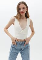 Bayan Krem Kruvaze Dikişsiz Crop Atlet