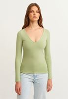 Bayan Yeşil Pamuklu Uzun Kollu Tişört