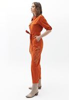 Bayan Turuncu Kuşak Detaylı Pamuklu Tulum