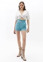 Women Blue Ultra High Rise Buckle Detailed Short