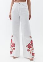 Bayan Beyaz Paçası Desenli Wide-Leg Pantolon