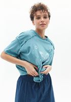 Bayan Mavi Pamuklu Baskılı Tişört