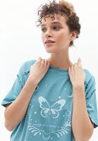 Bayan Mavi Pamuklu Baskılı Tişört