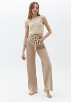 Bayan Bej Ultra Yüksek Bel Wide-Leg Pantolon