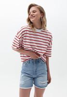 Bayan Kırmızı Oversize Çizgili Tişört