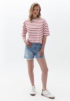 Bayan Kırmızı Oversize Çizgili Tişört