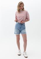 Bayan Kırmızı Oversize Çizgili Tişört