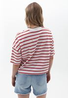Bayan Kırmızı Oversize Çizgili Tişört