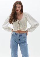 Bayan Krem Örgü Detaylı Crop Triko