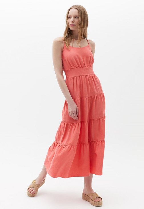 Pembe İnce Askılı Midi Elbise
