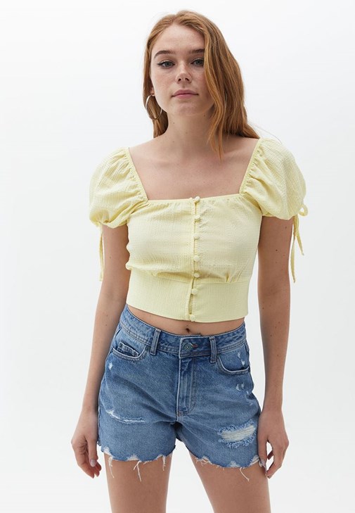 Yeşil Düğmeli Crop Bluz