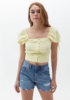 Bayan Yeşil Düğmeli Crop Bluz