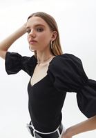 Bayan Siyah Balon Kollu Triko Top