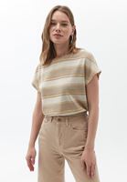 Bayan Bej Beli Lastikli Crop Bluz