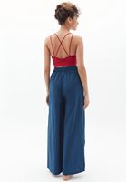 Bayan Lacivert Yırtmaç Detaylı Wide-Leg Pantolon 