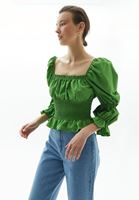 Bayan Yeşil Kare Yaka Bluz