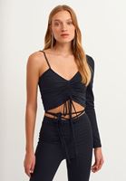 Bayan Siyah Büzgülü Asimetrik Bluz