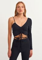 Bayan Siyah Büzgülü Asimetrik Bluz