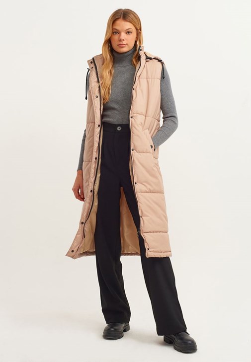 Bej Kapitoneli Uzun Şişme Yelek