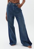 Bayan Mavi Orta Bel Wide-Leg Denim Pantolon
