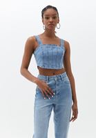 Bayan Mavi Askılı Denim Crop Top