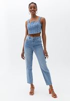Bayan Mavi Askılı Denim Crop Top