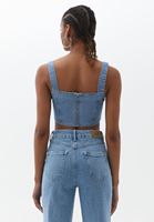 Bayan Mavi Askılı Denim Crop Top