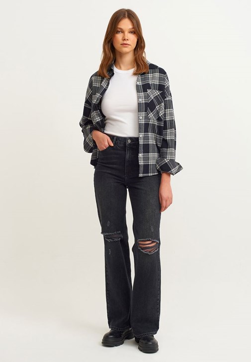 Siyah Yüksek Bel Baggy-Fit Pantolon