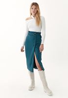 Bayan Mavi Midi Boy Yırtmaçlı Etek