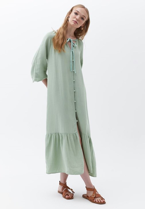 Yeşil Düğmeli Uzun Kimono  ( TENCEL™ )