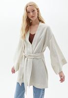 Bayan Bej Bağlamalı Keten Kimono