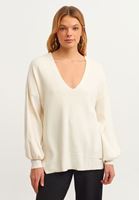 Bayan Krem Balon Kollu Triko Kazak