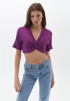 Bayan Mor V Yaka Crop Bluz