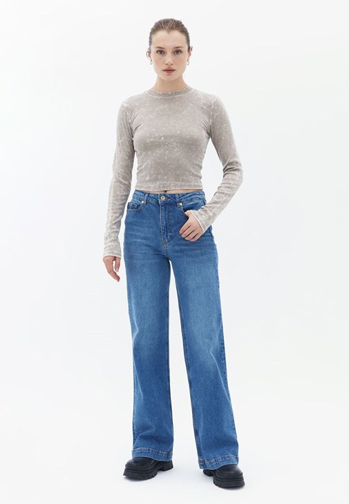  Yüksek Bel Wide-Leg Denim Pantolon