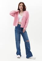 Bayan Pembe Düğmeli Triko Hırka