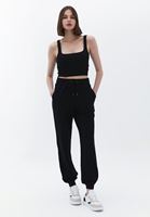Bayan Siyah Pamuklu Yüksek Bel Jogger Pantolon