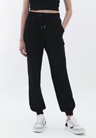 Bayan Siyah Pamuklu Yüksek Bel Jogger Pantolon