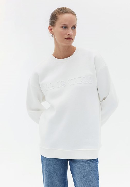 Krem Oversize Baskılı Sweatshirt