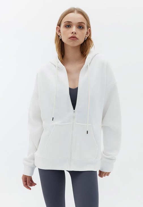 Krem Oversize Kapüşonlu Hırka