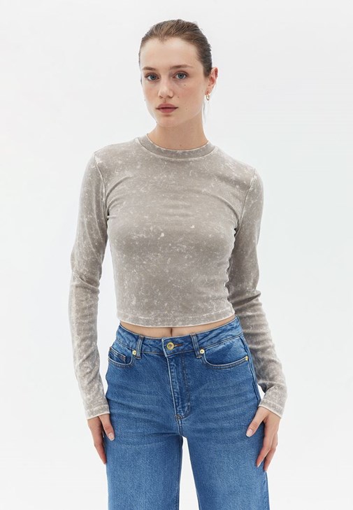 Bej Yıkamalı Crop Top