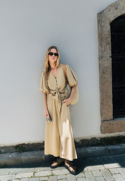 Yeşil Keten Karışımlı Culotte Pantolon