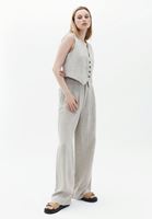 Bayan Bej Yüksek Bel Wide-Leg Keten Pantolon