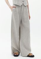Bayan Bej Yüksek Bel Wide-Leg Keten Pantolon