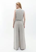 Bayan Bej Yüksek Bel Wide-Leg Keten Pantolon