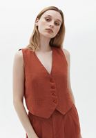 Bayan Turuncu Keten Crop Yelek