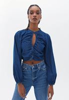 Bayan Mavi Cut-Out Detaylı Denim Bluz
