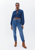 Bayan Mavi Cut-Out Detaylı Denim Bluz