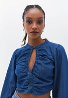 Bayan Mavi Cut-Out Detaylı Denim Bluz