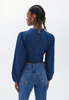 Bayan Mavi Cut-Out Detaylı Denim Bluz